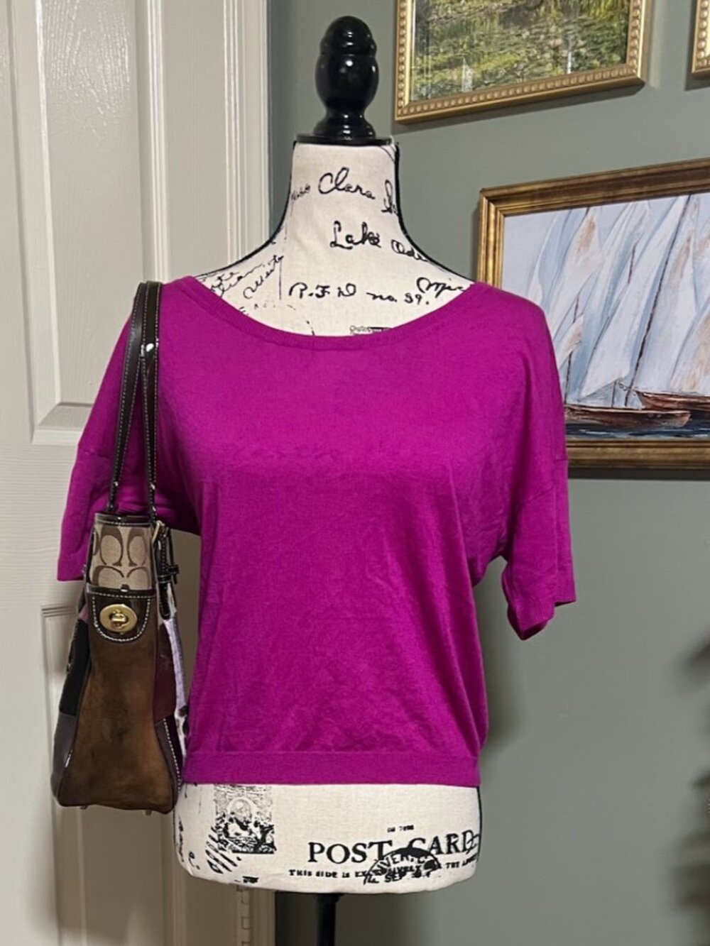 Preppy Office Chic Feminine Magenta Cashmere Blend Top Size Medium
